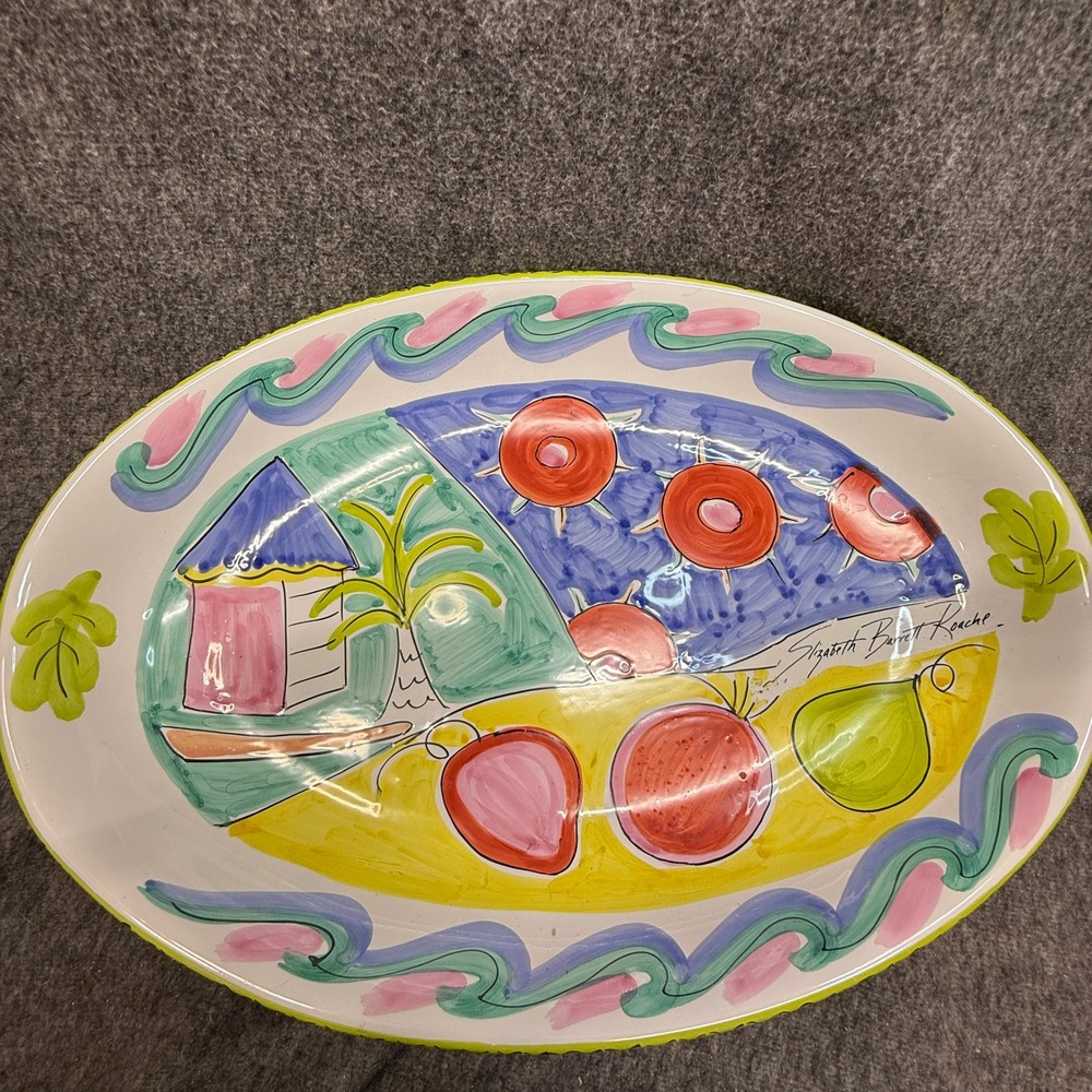 Elizabeth‎ Barrett Tickled Pink Hand Painted Italy Oval Plate Signed